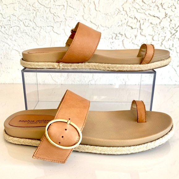 SOPHIA MILANO Leather Strap Slide Rope Platform Slide Italian Sandals Tan Size 9 - Picture 3 of 13